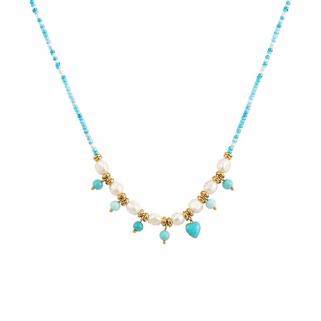 GEMCHIC Women's Ocean Style Blue Green Fish Heart Beaded Necklace Stainless Steel Layered Choker Jewelry
