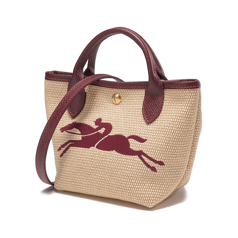 New LONGCHAMP Straw Woven Linen With Cowhide Dumpling Bag, Shoulder Bag, Handbag Mini Women's Khaki & Dark Brown 10162HYTP59