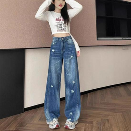 Women's 2025 High-Waisted Ripped Wide-Leg Jeans - Spring/Autumn Thin Style, Loose Petite Fit, Straight Narrow-Leg.