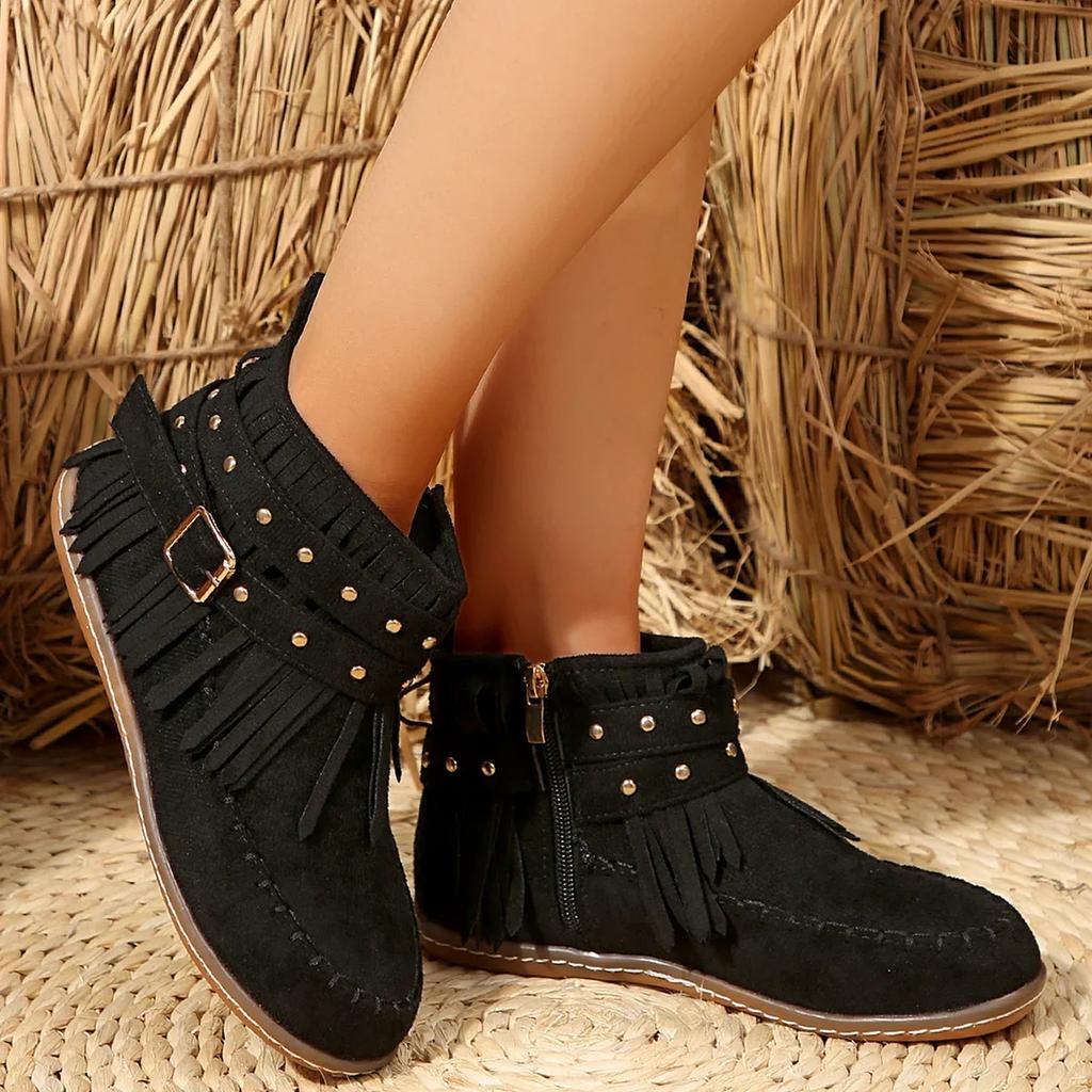 Jednokolorowe Kozaki Western Damskie z Dekoracją z Frędzli w Stylu Retro Zapinane na Klamrę Płaskie Buty Kobieta Zimowe Wygodne Ciepłe Pluszowe Botki do Kostki