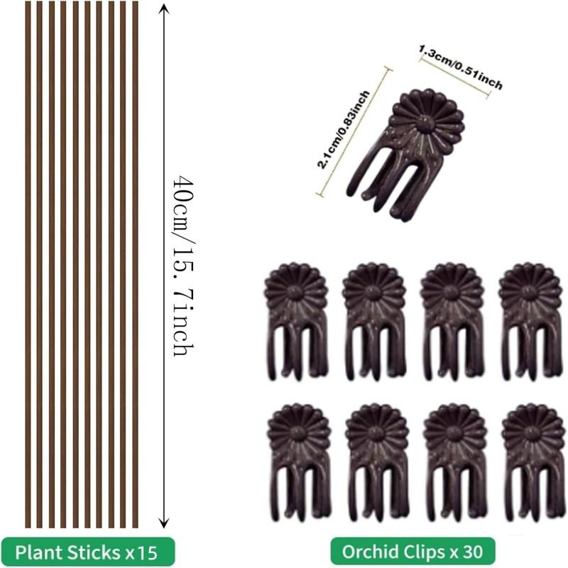 15Pcs 40cm Plant Support Stakes with 30Pcs Clips Orchid Bendable Plant Sticks