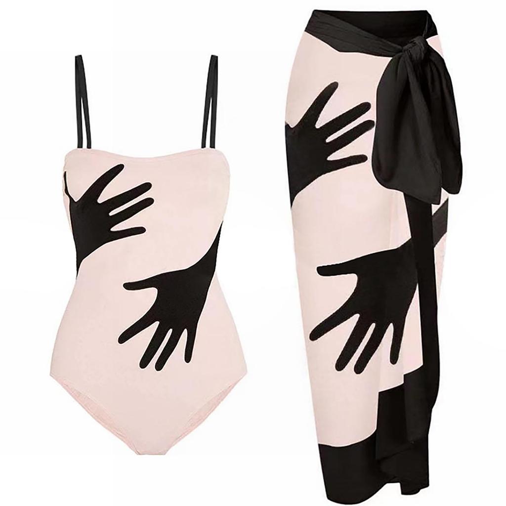 Women's Fashion Sexy Printed V Neck Bandage Strap Backless Beachwear Skirt Monokini Bikini Swimsuit 2 Piece Swimsuit