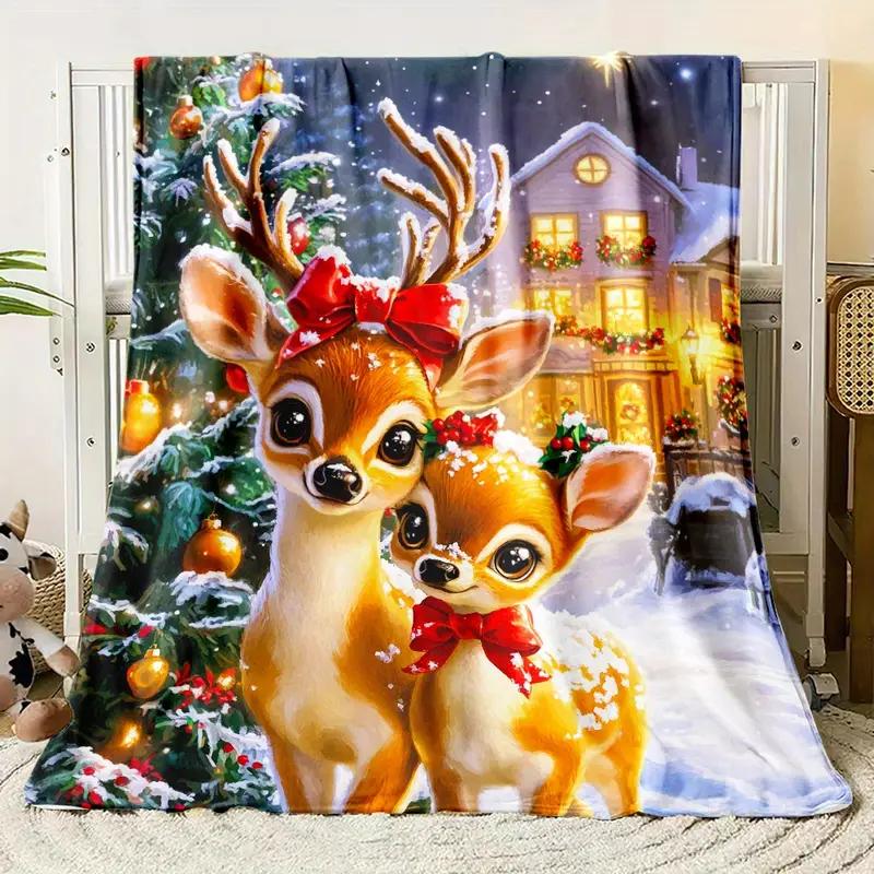Cozy Christmas reindeer flannel blanket suitable for sofa, bed, office, travel, camping, nap blanket, holiday gift decoration