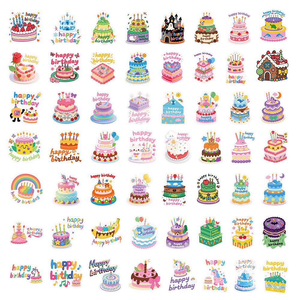 56pcs Cartoon Birthday Cake Graffiti Stickers Children's Daily Party Stickers Decoration DIY Phone Notebook Waterproof Stickers.