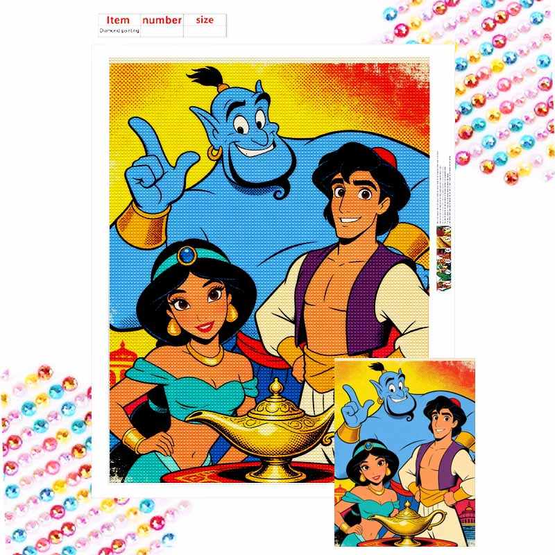 Disney Diamond Painting Kit Aladdin Genie Jasmine 5D DIY Diamond Art Home Bedroom Wall Decor Round 20x30cm