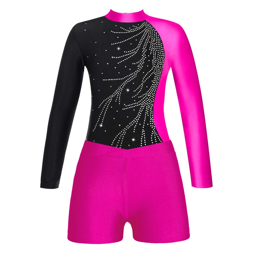 Kids Girls Gymnastics Skating Long Sleeve Leotard Jumpsuit with Shorts Dancewear