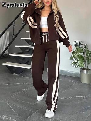 Herbst Gestreifte Reißverschlussjacke Lässiges Sportset Damen
