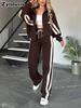 Autumn  Striped Zipper Jacket Casual Sports Set Women