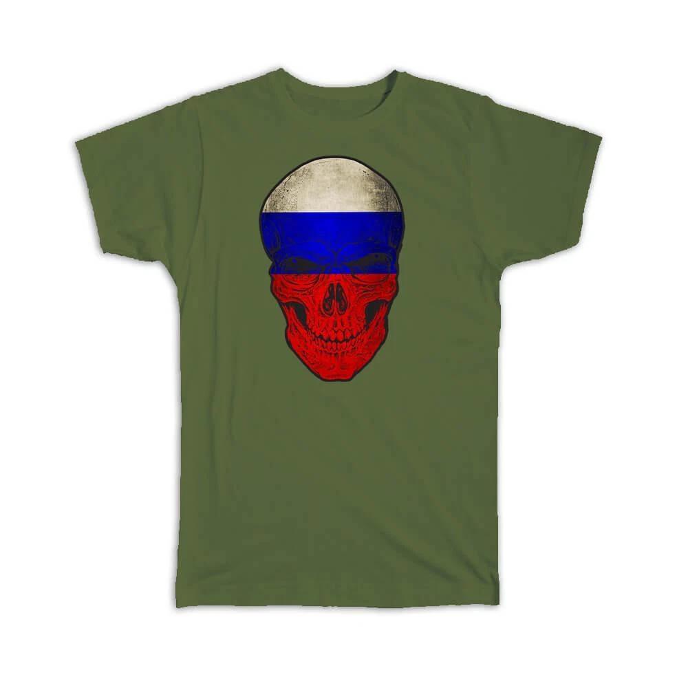 Gift T-Shirt : Russia Flag Skull Russian National Colors 4XL