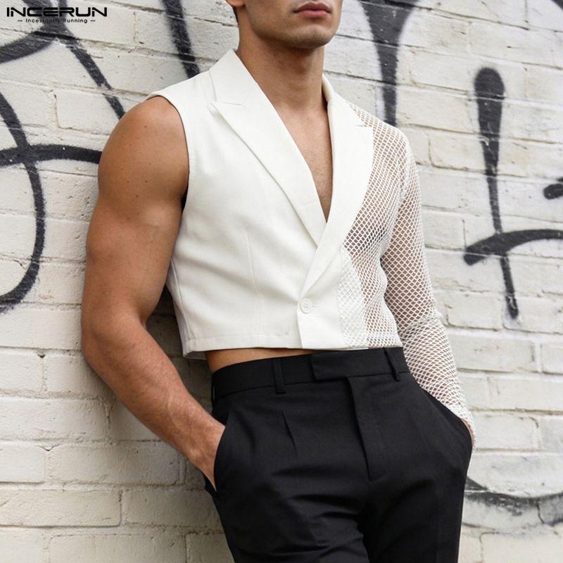 INCERUN Herren Einreihig mit Kerb-Revers Ein Langarm Patchwork Ausgeschnitten Lässig Dünn Kurz Geschnittene Blazer Tops