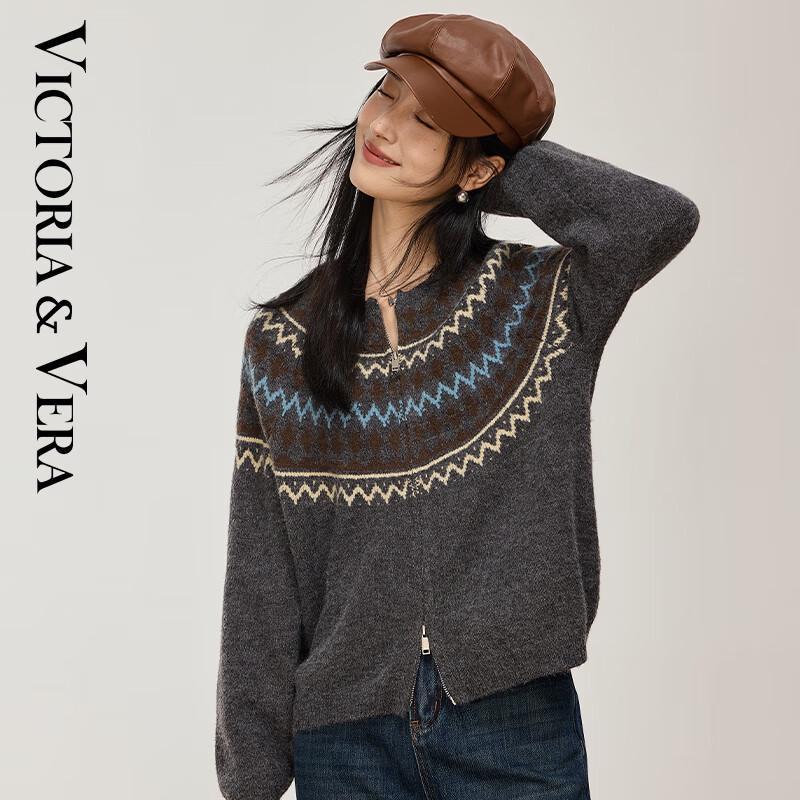 

VICTORIA&VERA Women s Winter Fair Isle Retro Round Neck Knit Sweater with Double Zipper XL