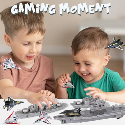 WASK Army Toys for Boys - Military Aircraft Carrier Toy Set, Military Navy Ship, Battleship, Supply Ship, Fighter Plane, Aircraft Carrier Model Kit, C