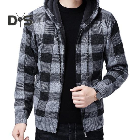 

Мужской зимний кардиган с контрастным клетчатым принтом, капюшоном, завязками на шнурке, средней длины, утолщенная трикотажная куртка с длинными рукавами, застежка-молния XXXL серый