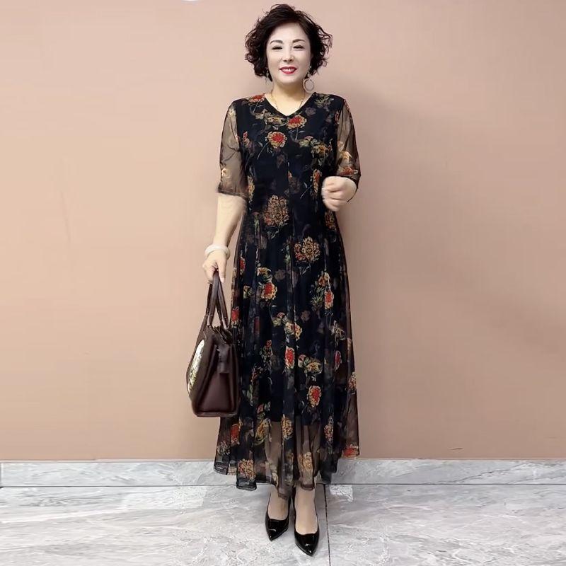 High-End Summer Women's Floral Dress   V-Neck Stretch Plus Size Dress   Slim Fit Long Dress