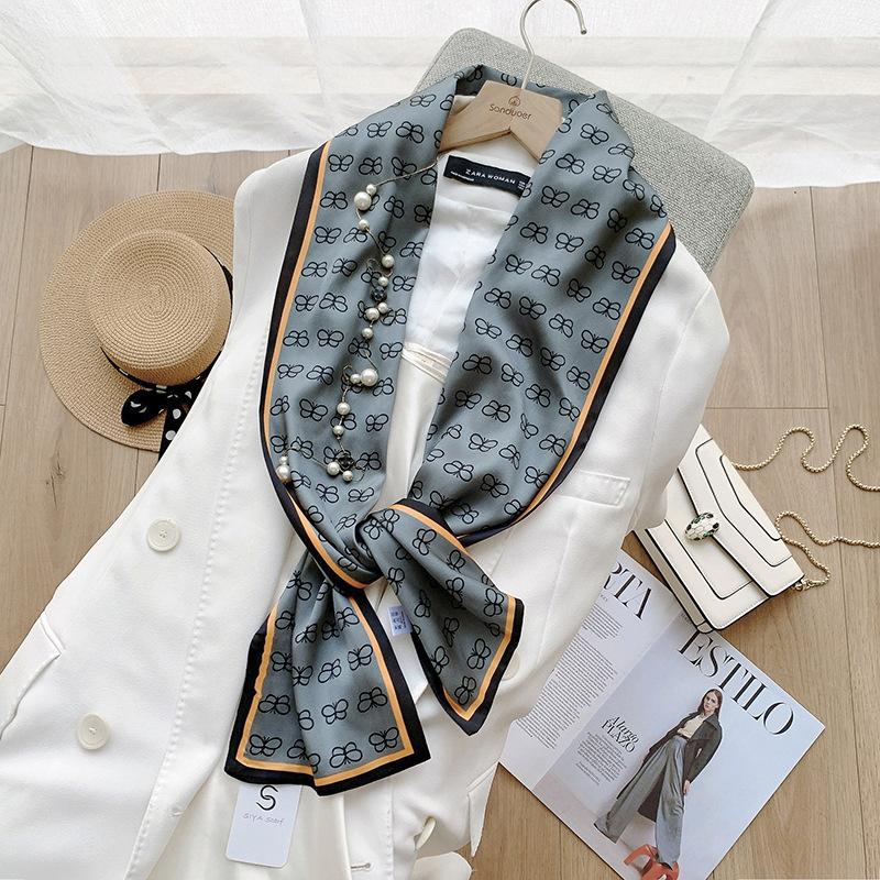 Ins Style Minimalist Double-Sided Striped Simulated Silk Long Scarf Satin Double Layered Scarf French Elegant Retro Headband