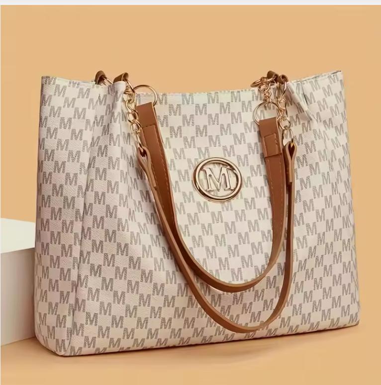 Vintage Geometric Tote Bag Synthetic Leather Letter "M" Design for Women Handbag Shoulder Bag Large Capacity Shopping Travel Bag