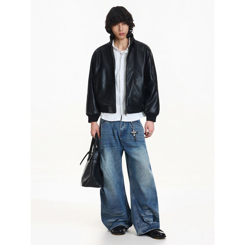 Blaexit Retro Yuppie Old Money Lychee Pattern Leather Jacket Men's Thickened Winter Quilted Short Cotton Jacket