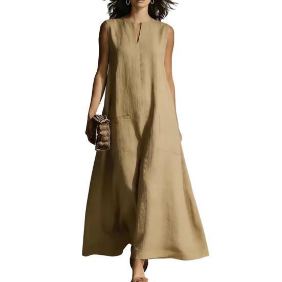 Summer Sleeveless Dress for Women Casual V Neck Long Tank Dress Flowy A-line Beach Sundress with Pockets S хаки
