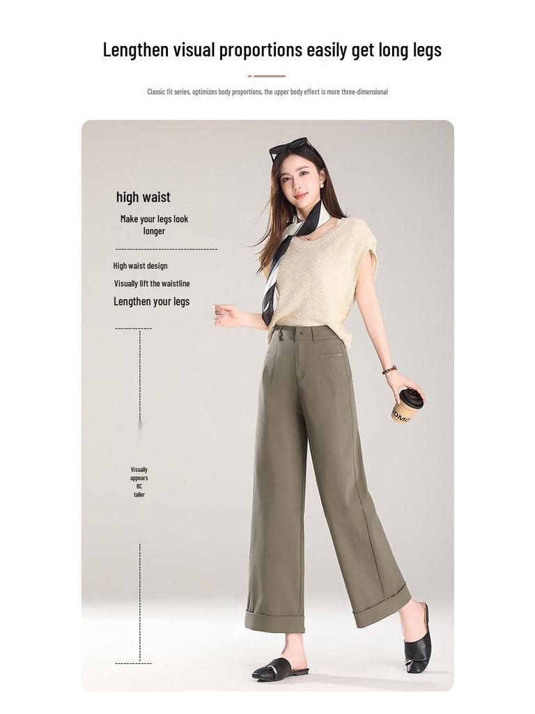 Beige Turn-Up Wide-Leg Cropped Pants - Women's 2025 Spring/Autumn Casual Loose Fit