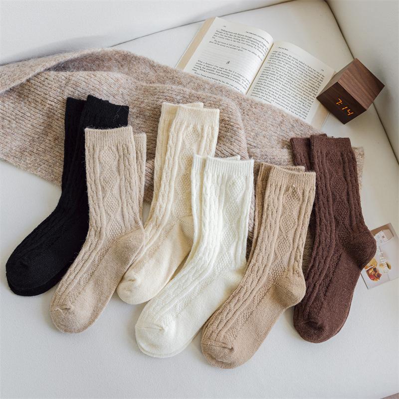 Children'S Wool Socks, Thickened Warm Rhombus Cream Solid Color Medium Tube Socks
