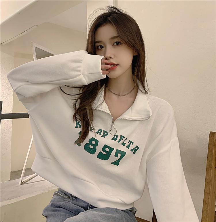 Women's Petite Half-Zip Polo Collar Sweatshirt - American Retro Style for Spring and Autumn