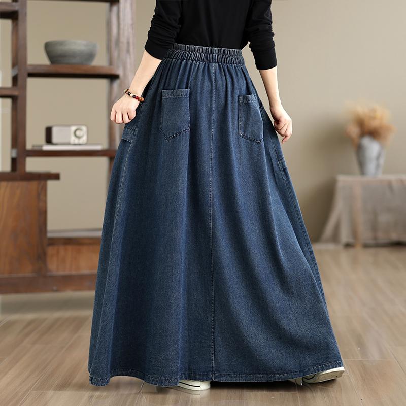 DIMANAF 2026 Autumn Winter Women Plus Size Denim Long Skirts Trousers Bottoms Cotton Loose Casual Oversize Denim Blue Skirt
