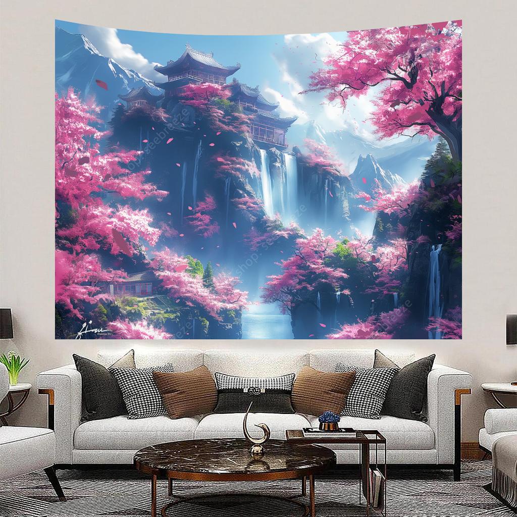 Japanese Mountain Tapestry Cherry Blossom Sakura Trees Tapestries Tsuruga Castle Temple Mount Japan Landmark Wall Art Home Decor