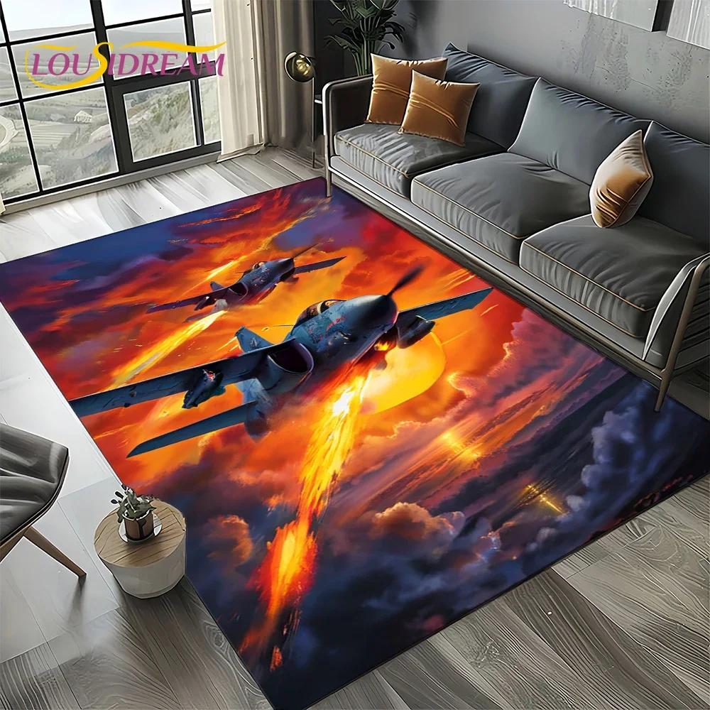 Cartoon 3D Space Spitfire Aircraft Air Force Jet Fighter Carpet Rug for Living Room Bedroom Sofa Decoration,Non-slip Floor Mat