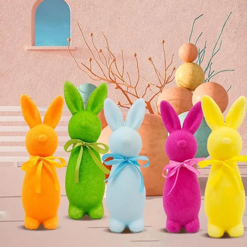 Standing Easter Bunny Decor with Bow Flocked Rabbit Figurine - Premium Material Craft Cute Design Festive Atmosphere Decoration