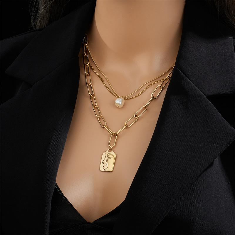 Women's Gold Layered Necklace Set 3-Piece Paperclip Chain Pearl Pendant Titanium Steel Jewelry
