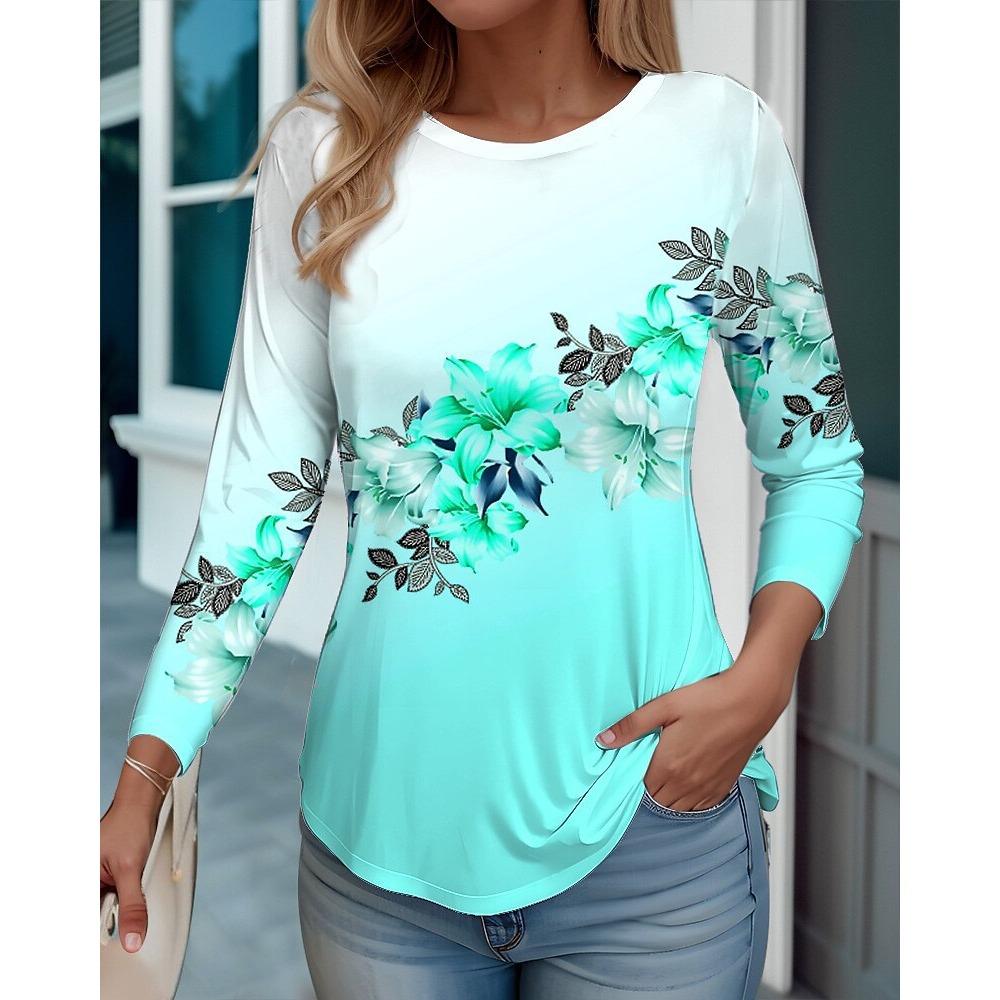 Frühlings- und Herbst-Rundhals-T-Shirts mit 3D-Blumenprint, modische, lässige Damen-Langarm-T-Shirts