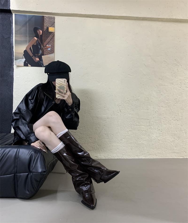 

~ Французские высокие модные ботфорты на шпильке, складские ботфорты-трубы для通勤, универсальные, женственные, простые 39 темно-коричневого