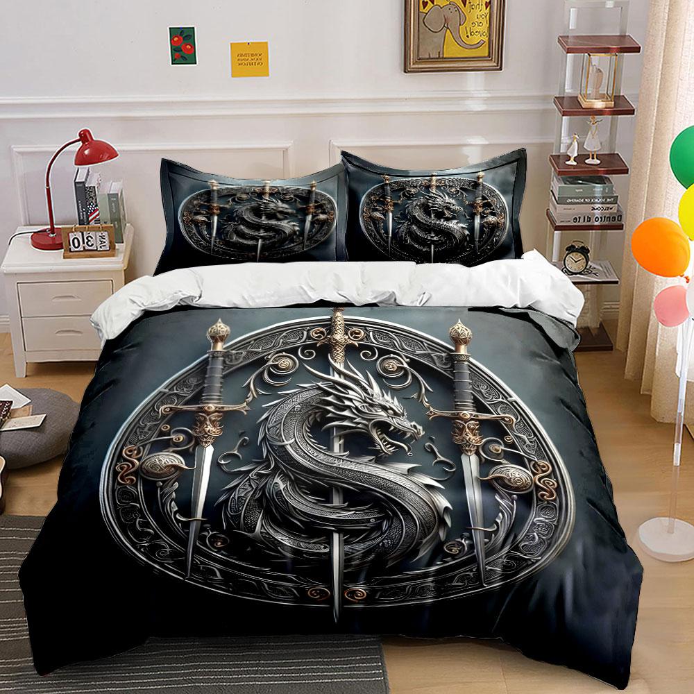 Dragon Sword Set Decor Display Bedding Set With 1 Duvet Cover 2 Pillowcases Single Double King Queen, Gift