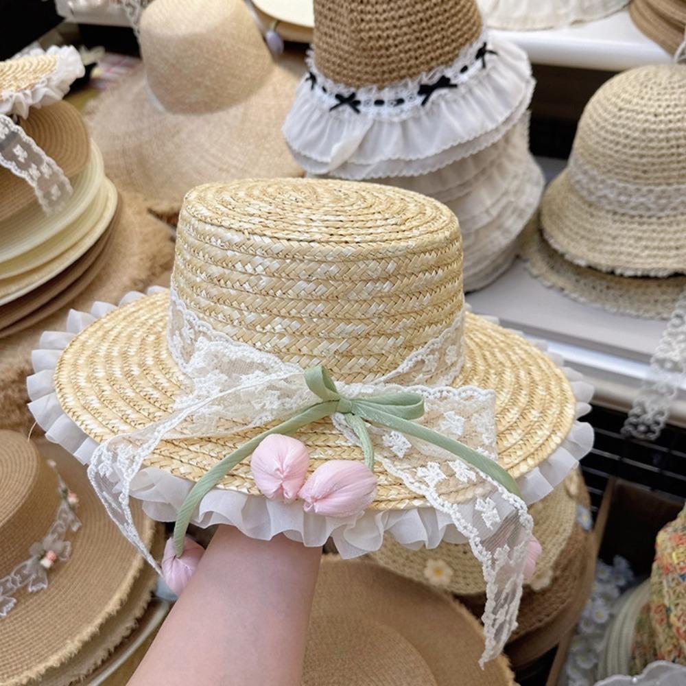 Flower Lace Bow Straw Hat Sunscreen Summer Beach Sun Hat  Beautiful Scenery