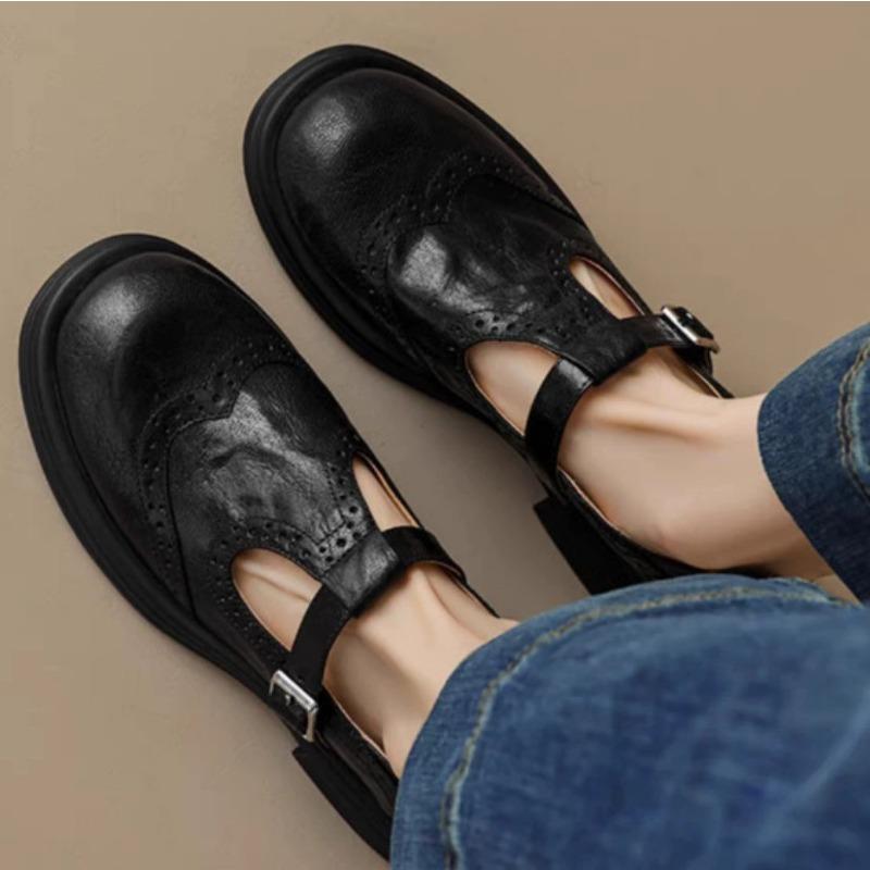 Damen Mary Jane Schuhe mit T-Riemen und Brogue-Verzierung Vintage Leder Dicke Sohle Bequeme Lässige Ballerinas 39 schwarz