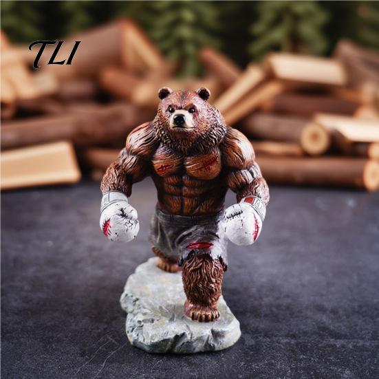 Realistic Bear Statue Resin Boxing Figurine, Muscle for Desk Decor, Small Ornament Brown White Sculpture Office and Home Display