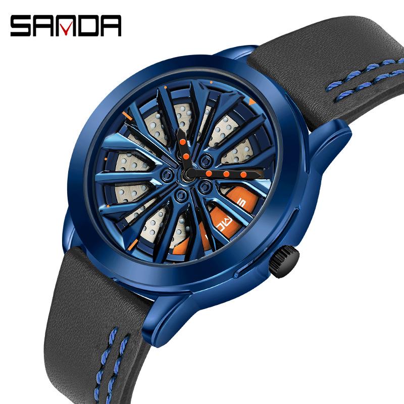 Sanda Men's Creative Wheel Quartz Watch - Trendy Rotating Waterproof Wristwatch