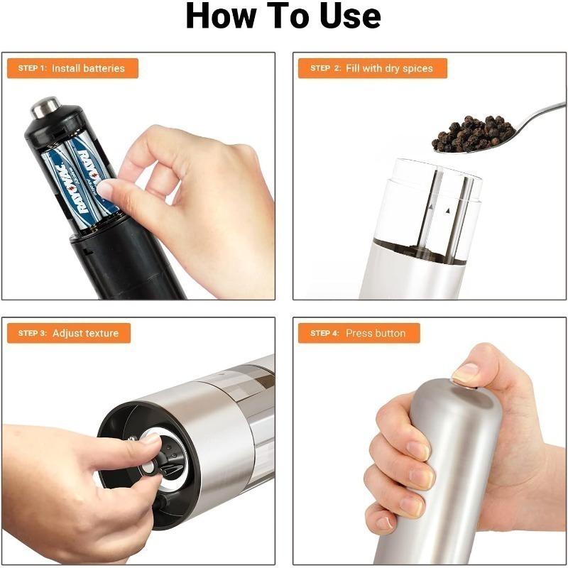 Nerezový mlýnek na pepř a sůl na baterie se světlem - Jednoruční tlačítkový šejkr na koření sůl a pepř