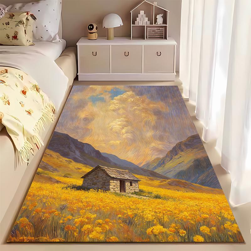 Yellow Field Cottage Landscape Printed Carpet, Van Gogh Style Decor Suitable for Use As an Anti-slip for Living Room Bedroom Sofas