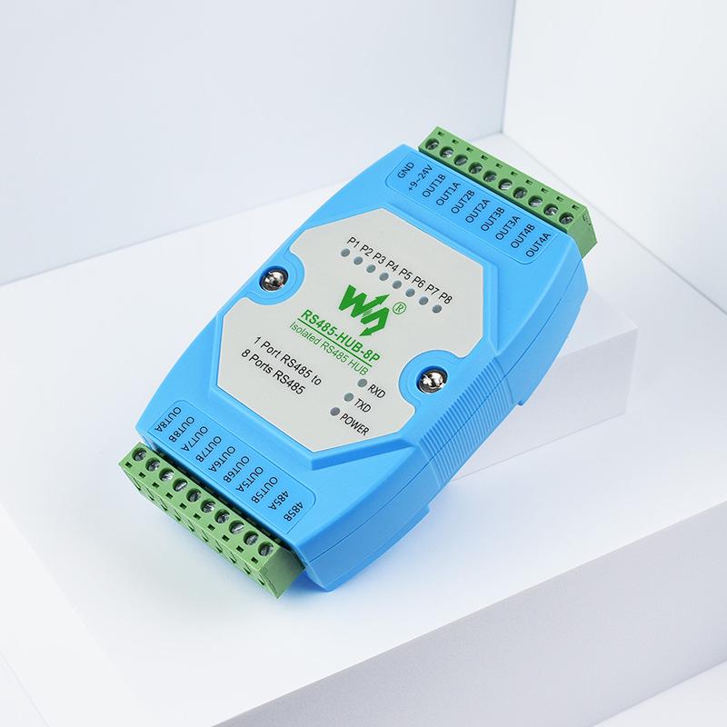 Industrial 8-Port RS485 Hub Repeater with Optocoupler Isolation and Bidirectional Communication, DIN Rail Mount