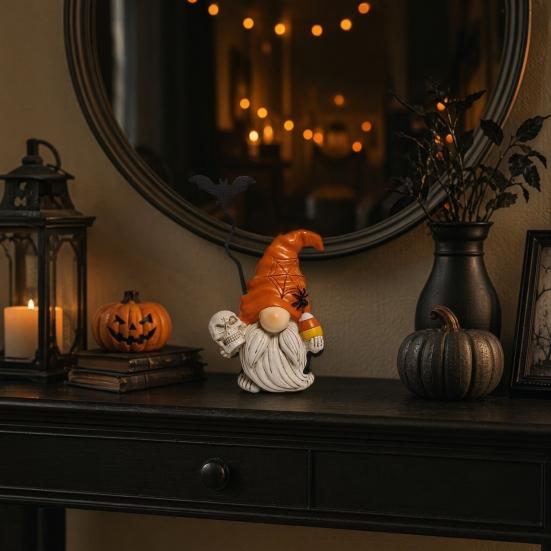 Halloween Gnome Figurine, Small Resin Dwarf Table Decoration, Spooky Pumpkin Bat Skull Gnome Statue for Tiered Tray, Tabletop, Home Decor