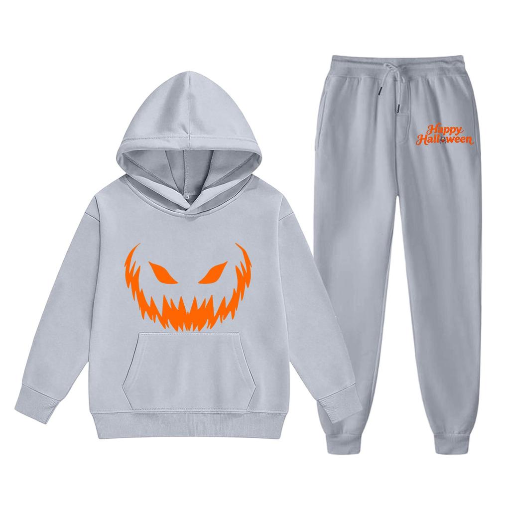 Kids Halloween Hoodie Set with Pumpkin Face Print Long Sleeve Pullover Top and Matching Pants Comfortable Fit for Boys and Girls