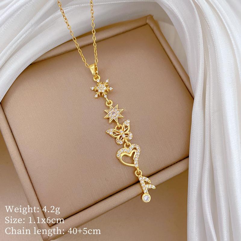

Stainless Steel Chain Necklace Luxury Zircon Snowflower Heart Butterfly Charms Tassel Necklace for Women Elegant Jewelry Gifts