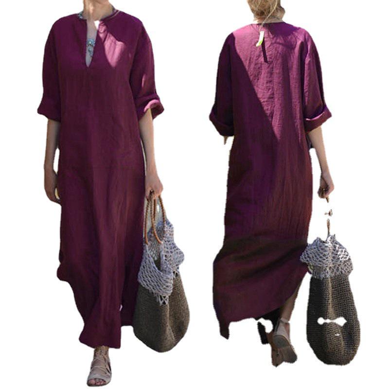 European & American Style Women's Loose V-Neck Plus Size Mid-Sleeve Split Maxi Dress