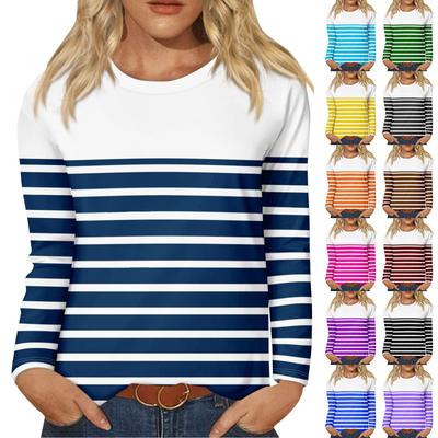 Long Sleeve Shirts For Women Stripe Print Graphic Tees Blouses Casual Plus Size Basic Tops Pullover