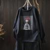 2025 Autumn/Winter Women's Printed Black Thickened Cropped Loose Velvet Pullover