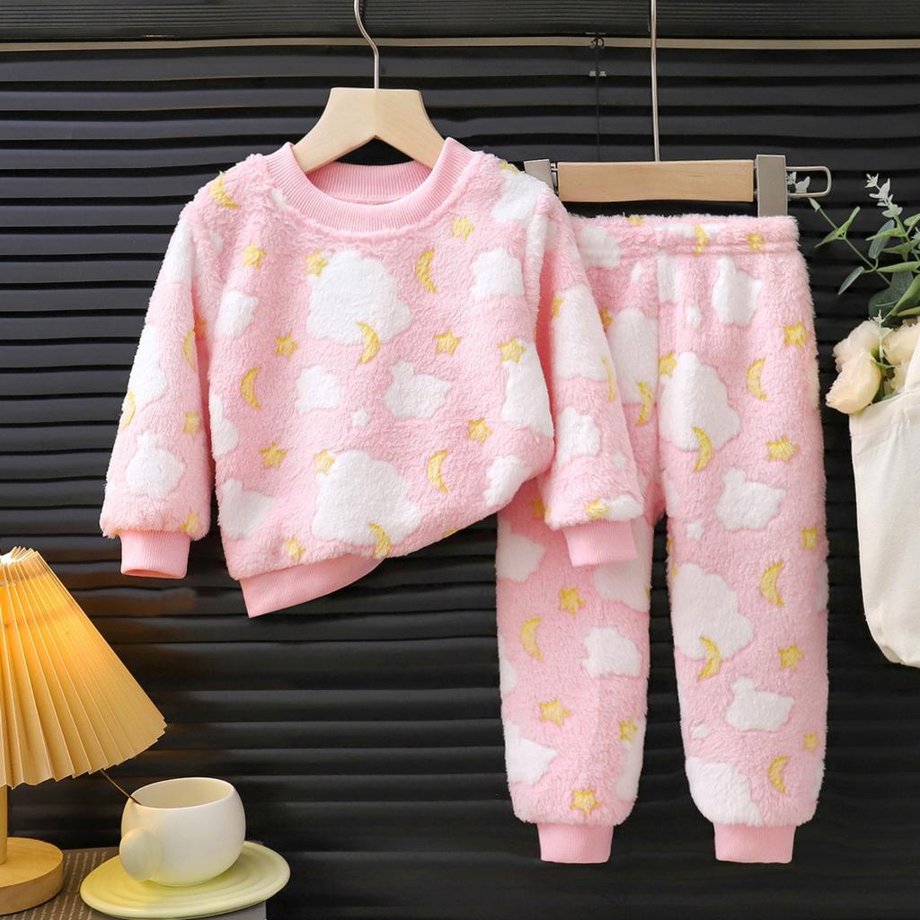 Children's Thickened Flannel Warm Home Wear And Pajamas Set For Boys And Girls