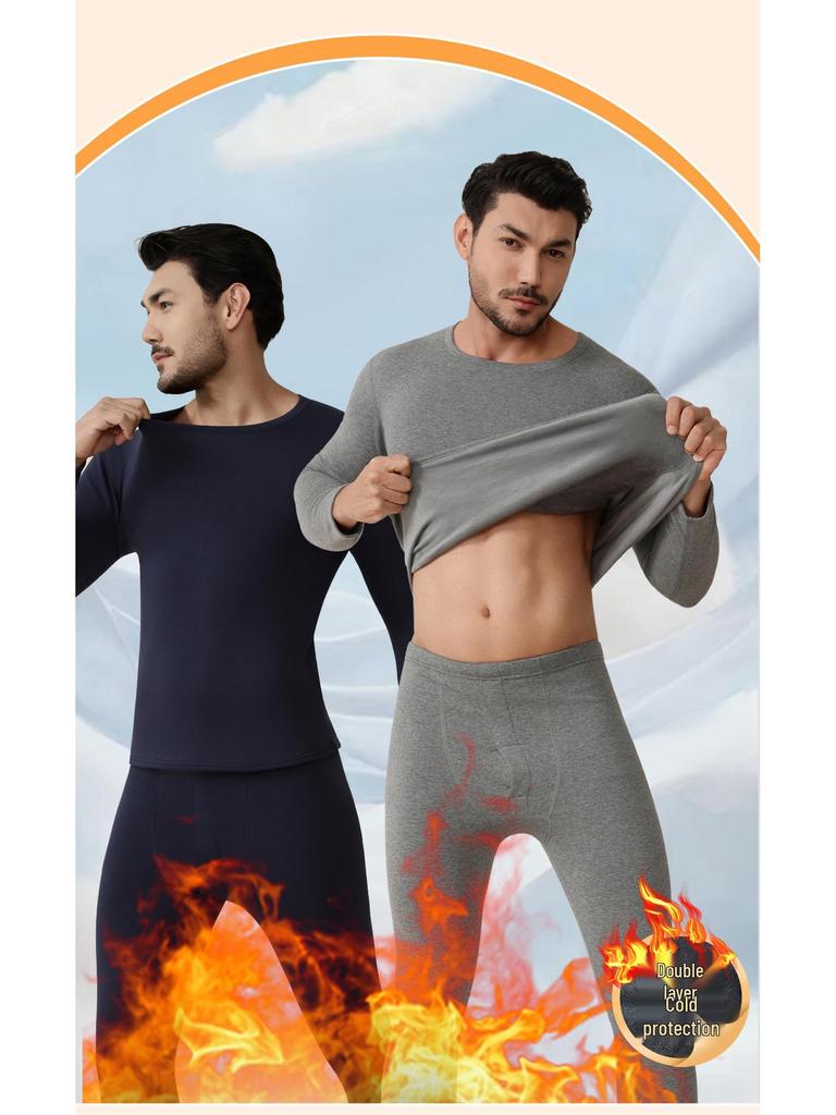 Men's and Women's Fleece-lined Crew Neck Warm Underwear Set: Heat-generating, Cold-proof, Pure Cotton for Autumn.