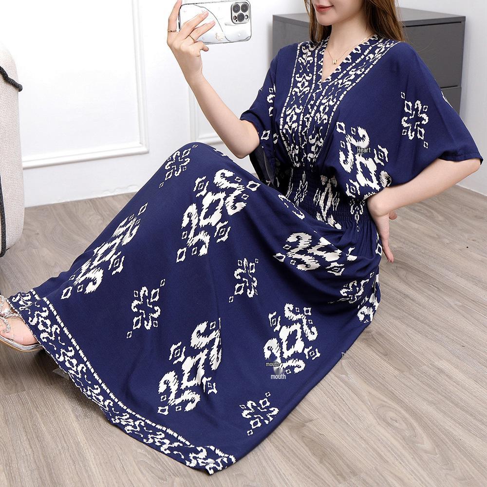 25. Jubiläum Ethnisches V-Ausschnitt Viskose Kurzarm Französisch-Thai Druck Urlaubs Kleid für Damen