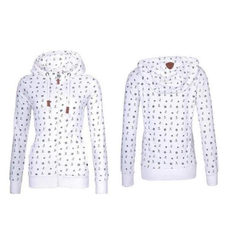 

Casual Oversize Fleece Hoodie Sweatshirt Women Zipper Anchor Print Sea Sweater Tops Jumper S белый